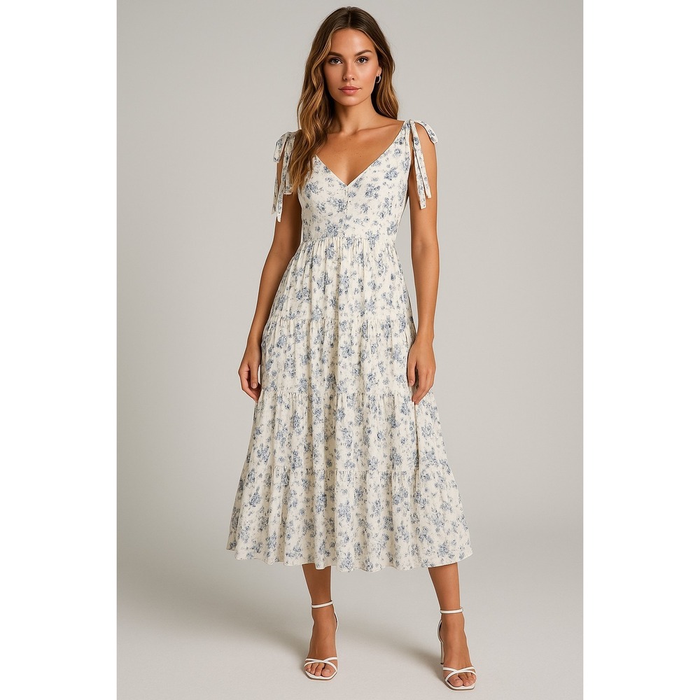 Moon River Cream Midi Dress with Blue Floral Print